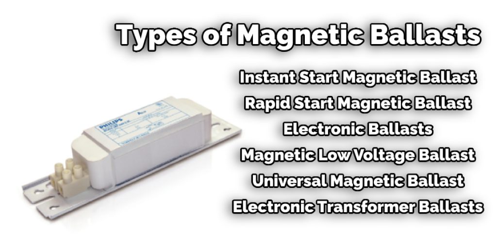 Types of Magnetic Ballasts Instant Start Magnetic Ballast Rapid Start Magnetic Ballast Electronic Ballasts Magnetic Low Voltage Ballast Universal Magnetic Ballast Electronic Transformer Ballasts