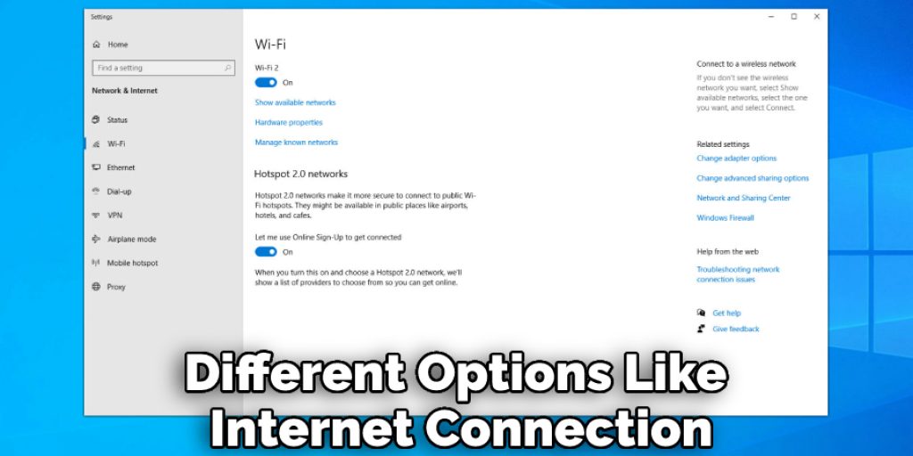 Different Options Like Internet Connection